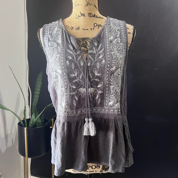 Lucky Brand Tops - Lucky Brand Womens Gray Embroidered Peplum Tank Top Large Tassel Tie Boho Gypsy